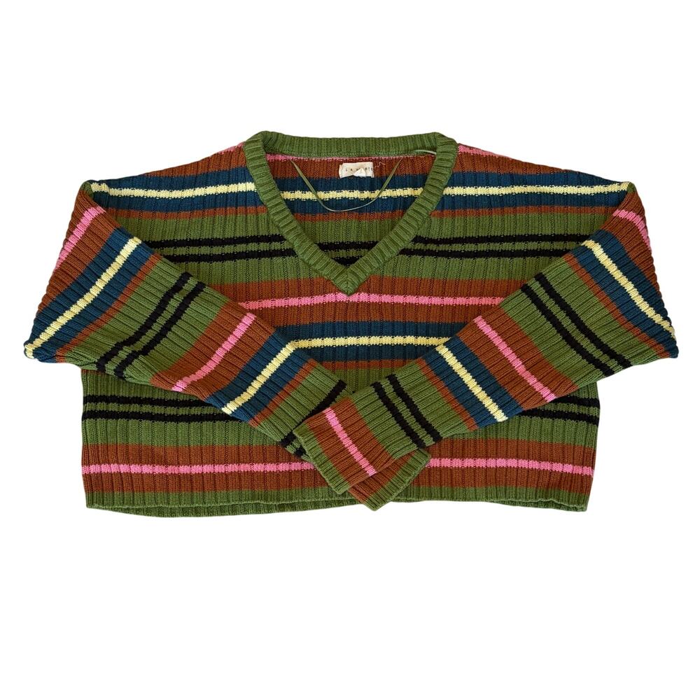 L.A. Hearts Cropped Sweater Womens XS Colorful Striped V-Neck Ribbed Knit Boxy